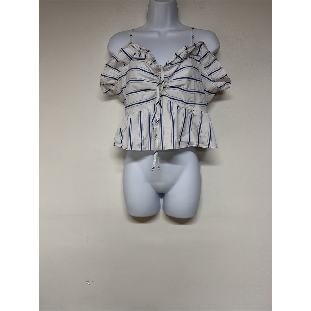 Express Top Size L Women's Striped Peplum Babydoll Spaghetti Strap Blue White